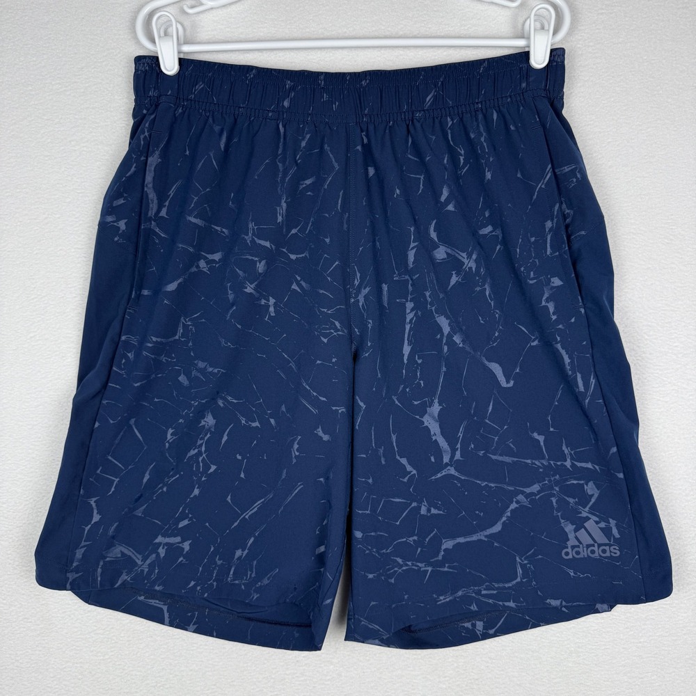Adidas Mens L Navy Blue Marble Print Athletic Training Shorts Drawstring Pockets